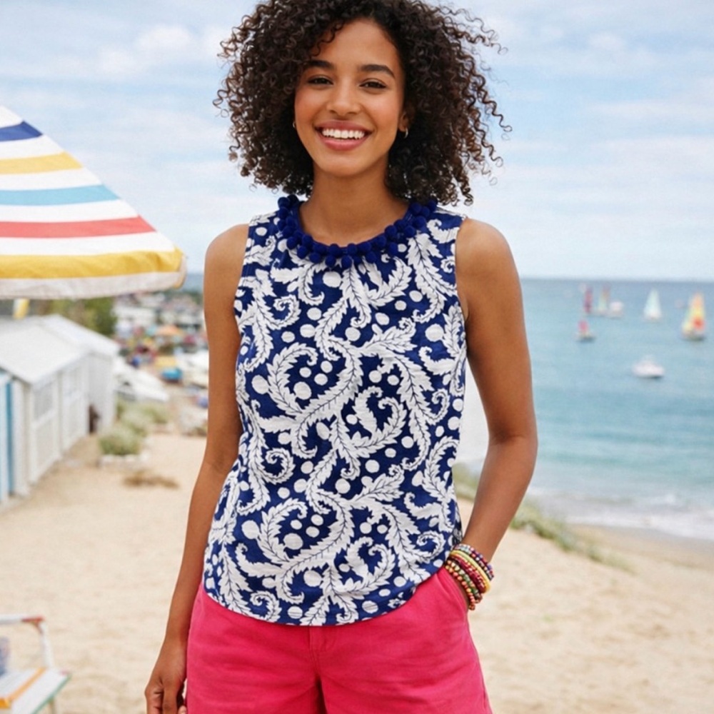 Boden Navy White Office Career Preppy Workwear‎ Sleeveless Blouse Top Size 2